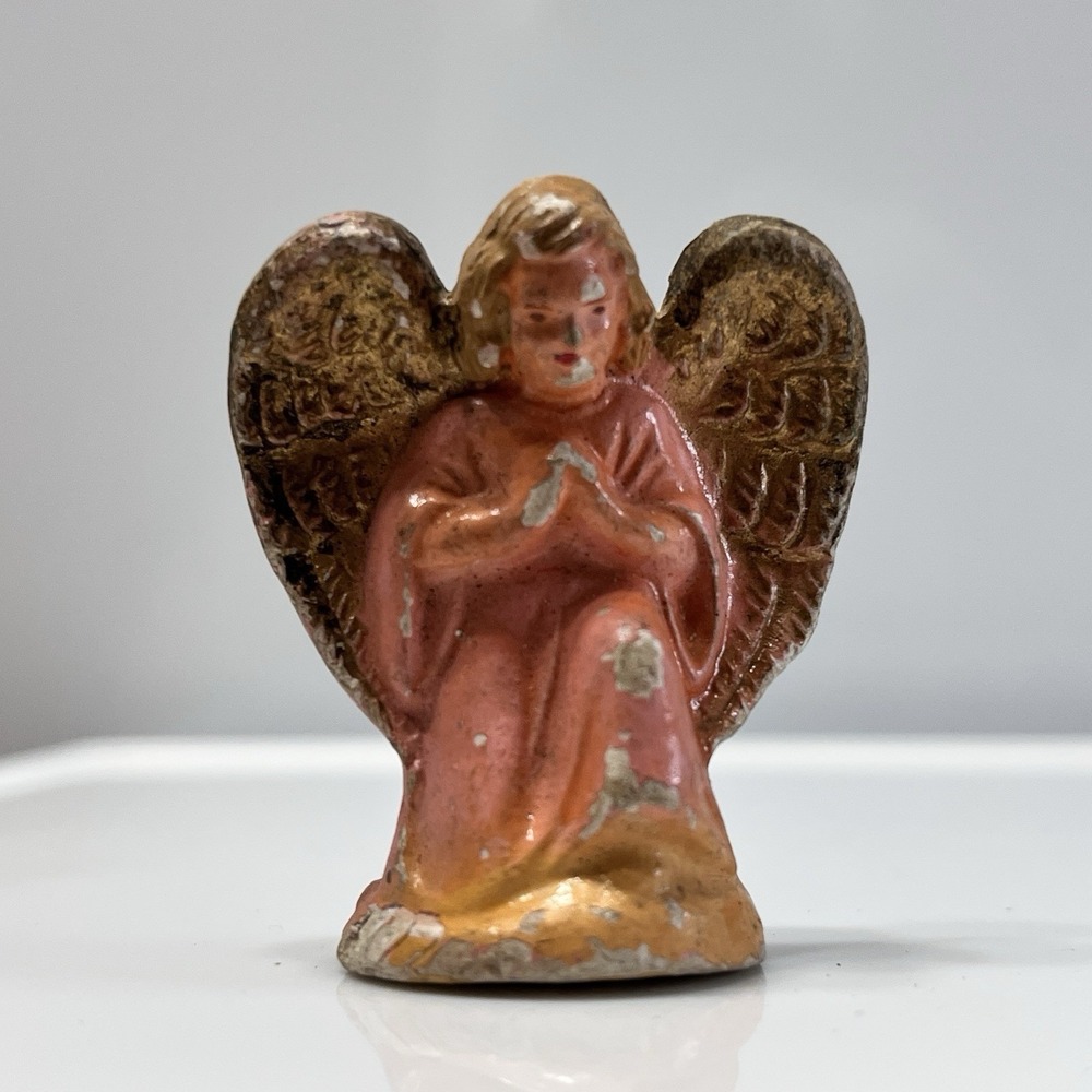 Vintage Santon French Hand Painted Figurine Angel Praying Kneeling Gold Wings
